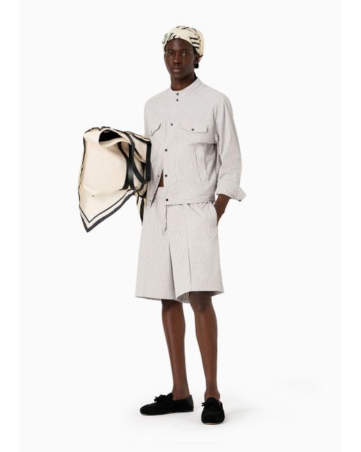 Emporio Armani White Shirt Jacket In Striped Seersucker Fabric for men