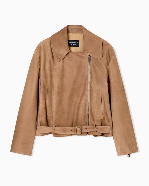 Emporio Armani Brown Icon Nubuck Calf Leather Biker Jacket
