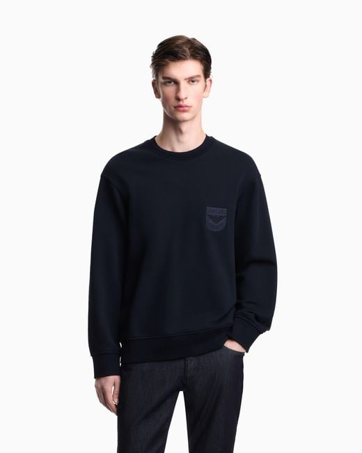 Emporio Armani Blue French Terry Jersey Sweatshirt With Shield Embroidery for men