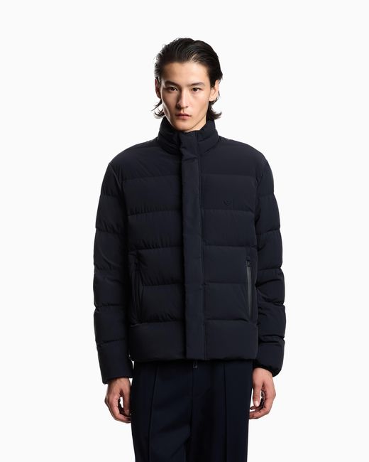 Emporio Armani Blue Water-Repellent Quilted Nylon Spandex Down Jacket for men