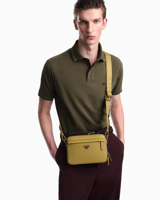 Emporio Armani Green Textured Crossbody Bag With A Front Pocket And A Metal Logo for men