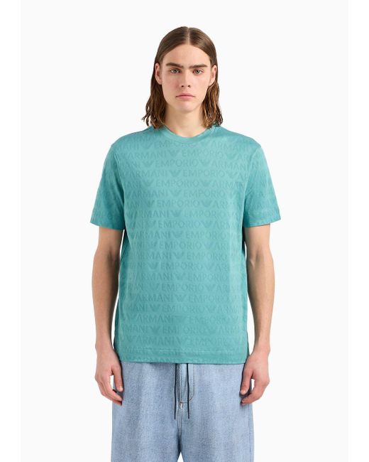 Emporio Armani Blue Jersey T-shirt With All-over Jacquard Lettering for men