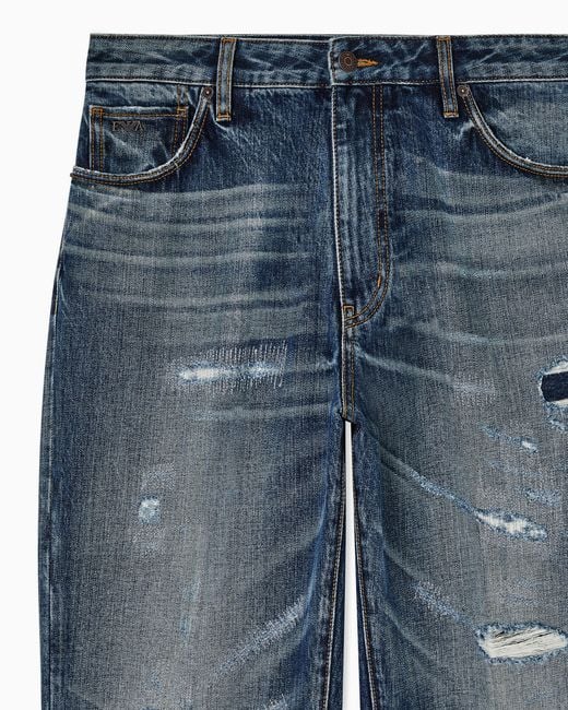 Emporio Armani Blue J22 Regular-Fit, Stone-Washed Denim Jeans With Rips for men