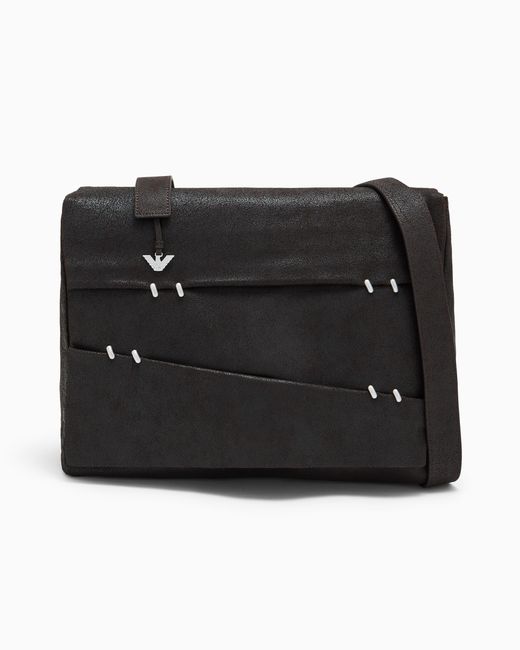 Emporio Armani Black Waxed Suede Messenger Bag for men