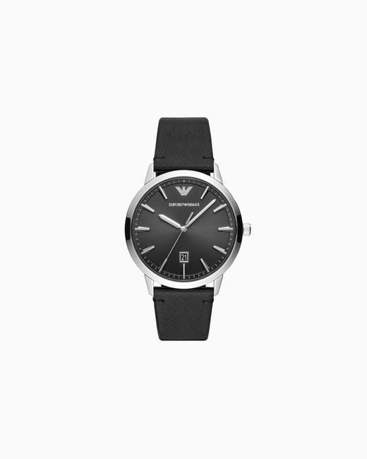 Orologio A Tre Lancette Con Datario E Pelle Nera di Emporio Armani in White da Uomo