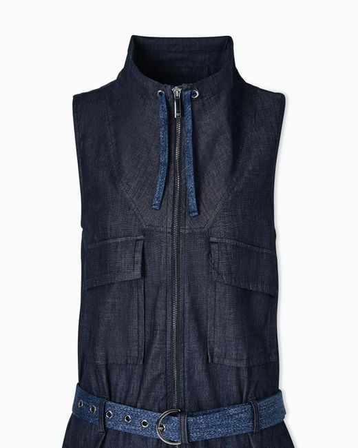 Emporio Armani Blue Lightweight Denim Jumpsuit With Embroidery On The Pocket