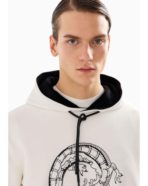 Emporio Armani White Double-jersey Hooded Sweatshirt With Dragon Embroidery for men