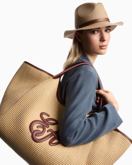 Emporio Armani Natural Woven Raffia Fedora Hat