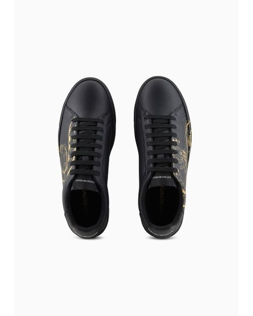 Emporio Armani Black Dragon-print Leather Sneakers for men