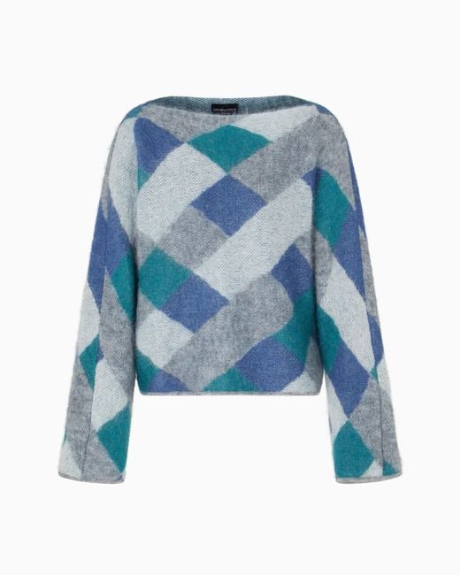 Emporio Armani Blue Pullover Mit U–Boot-Ausschnitt Aus Einer Woll-Mohair-Mischung Mit Allover-Muster