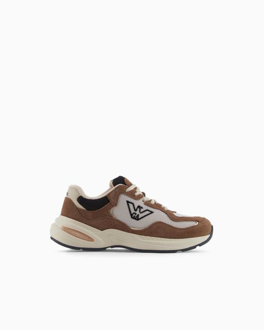 Emporio Armani White Mesh Sneakers With Suede Details And An Eagle Logo