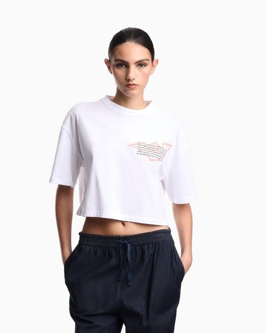 Emporio Armani White Cropped Jersey T-Shirt With Eagle Print