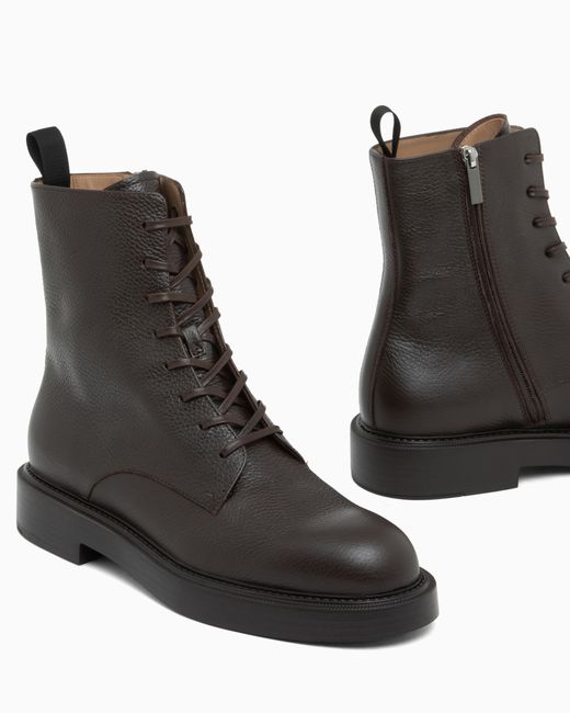 Emporio Armani Black Pebbled Leather Lace-Up Ankle Boots With Side Zipper for men