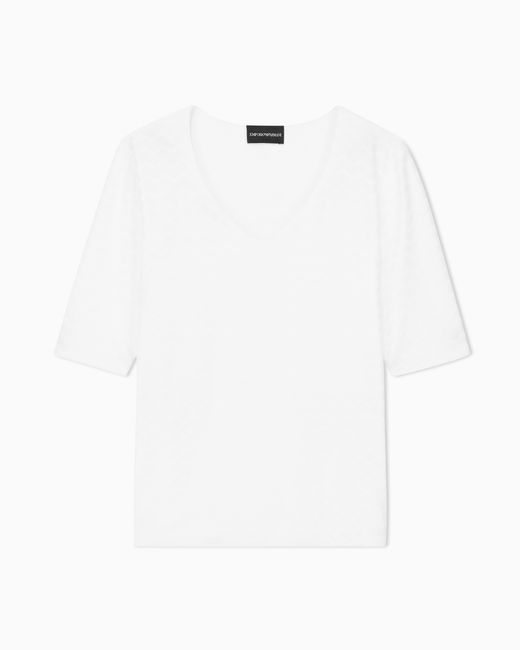 Emporio Armani White Jersey Jumper With A V-Neck And Jacquard Pattern Essential