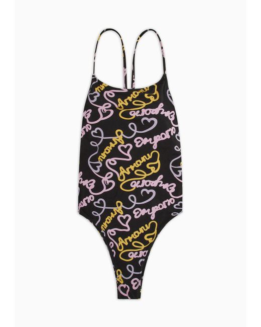 Emporio Armani Black Padded One-piece Swimsuit With Logomania Print
