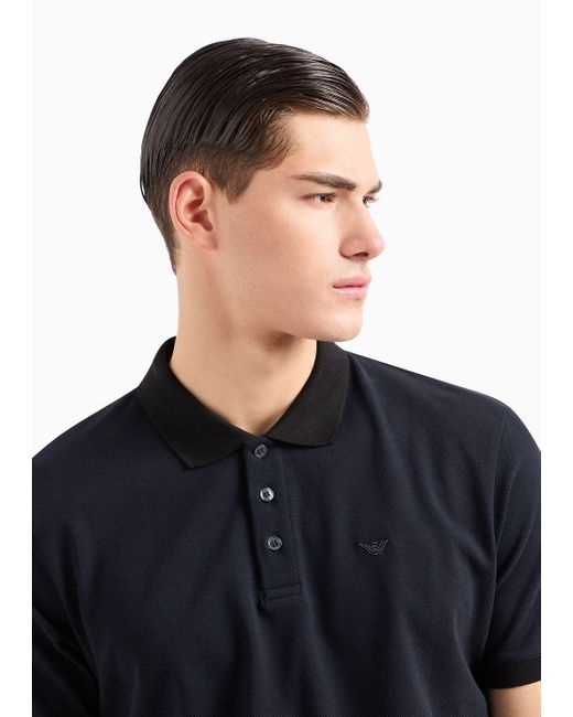 Emporio Armani Blue Mercerised Piqué Polo Shirt With Micro Eagle Embroidery for men