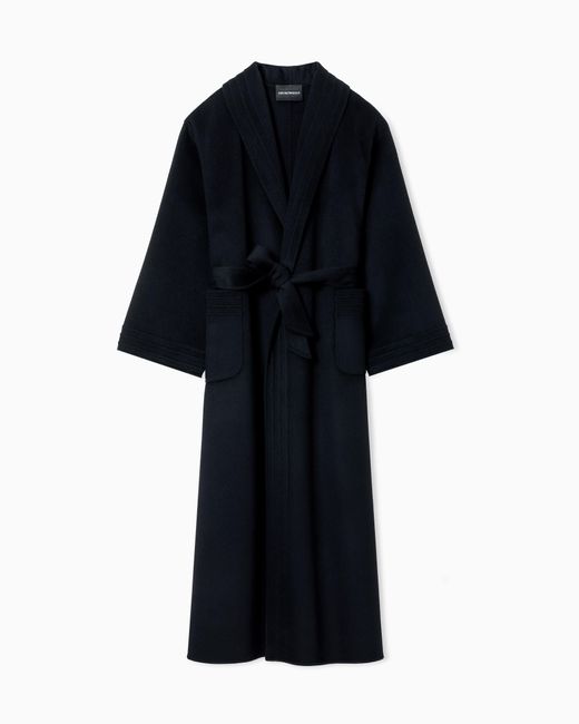Emporio Armani Blue Cashmere And Virgin-Wool Long Coat With Belt