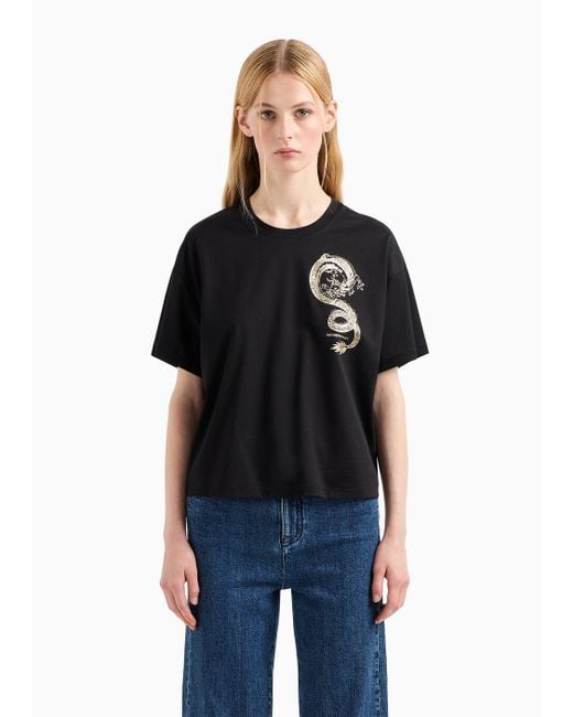 Emporio Armani Black T-shirt Aus Merzerisiertem Jersey Mit Drachen-print