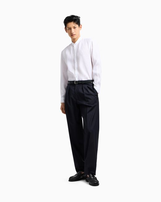 Emporio Armani White Linen Chambray Shirt With Guru Collar for men