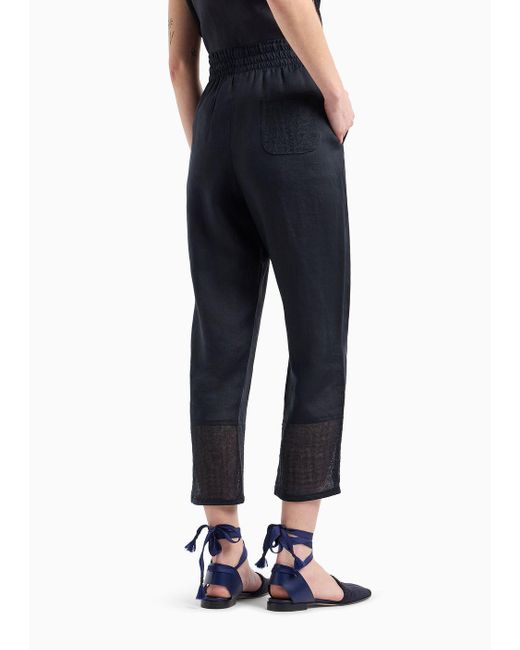 Emporio Armani Blue Pure Linen Trousers With Elasticated Waist And Brushed Details