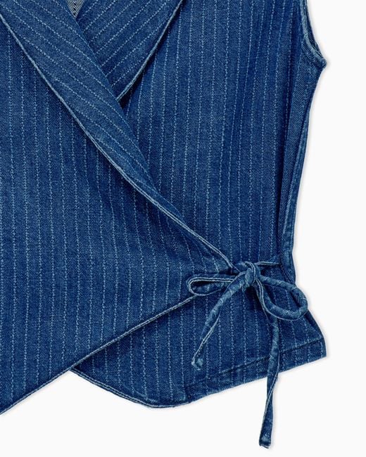 Emporio Armani Blue Pinstriped Denim Wrap Waistcoat With Lapels And A Side Tie