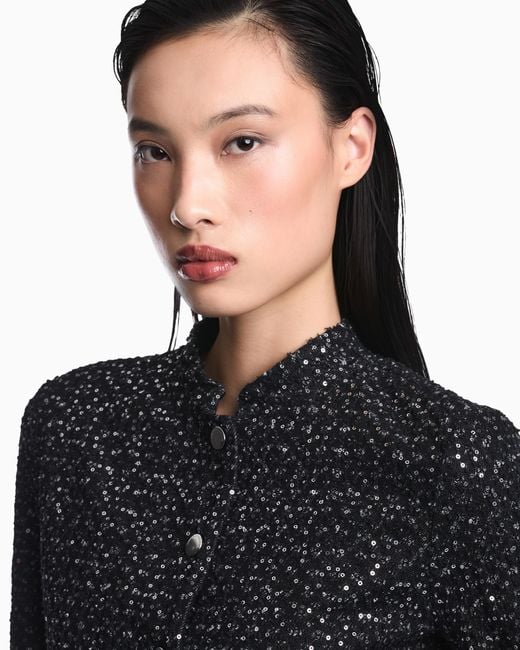 Emporio Armani Black Denim Blazer With Embroidered Paillettes And Front Buttons