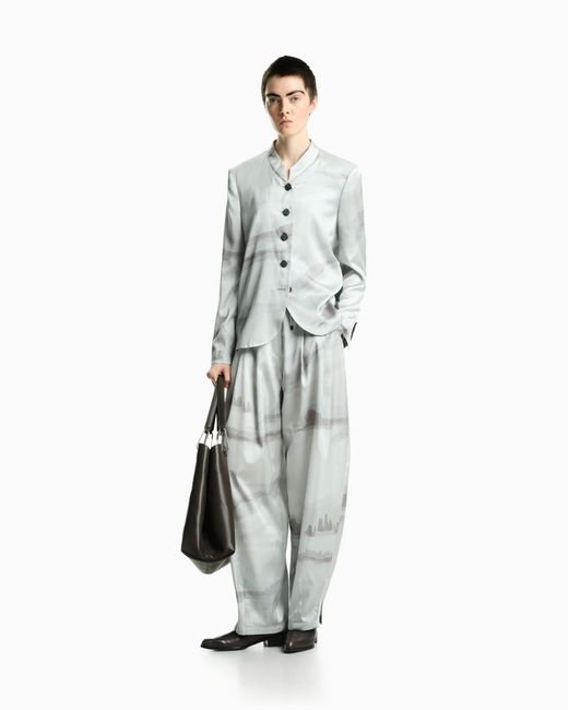 Emporio Armani Blue Trousers With Landscape Print And Pleated High Waist And Wide Leg
