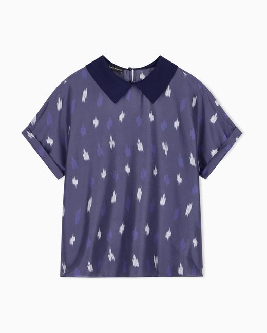 Emporio Armani Blue Silk Shantung Top With Carpet Print