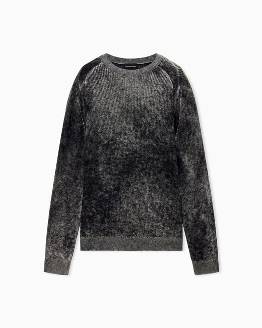 Emporio Armani Black Ribbed Virgin Wool Sweater With Mélange Print for men