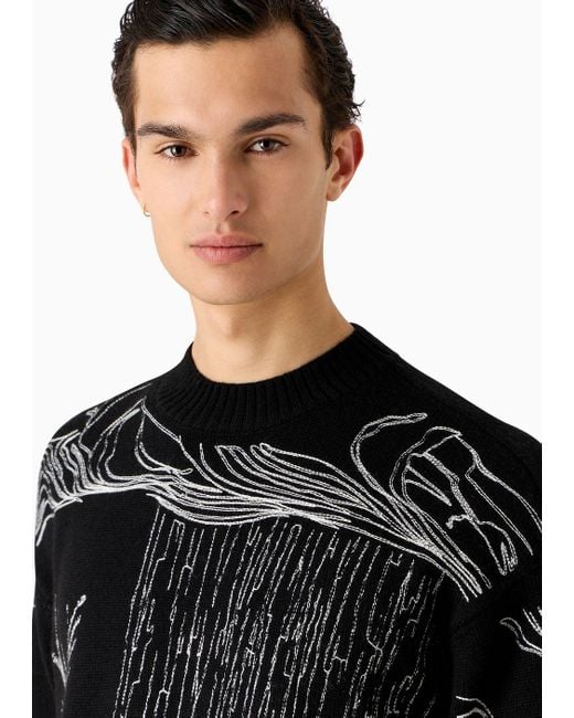 Emporio Armani Black Alpaca-blend Sweater With Nature Embroidery for men