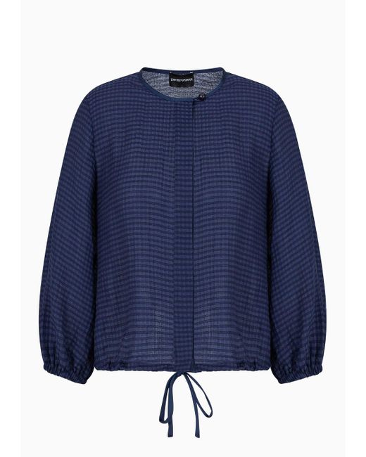 Emporio Armani Blue Shirt Jacket In Gingham-effect Seersucker Fabric