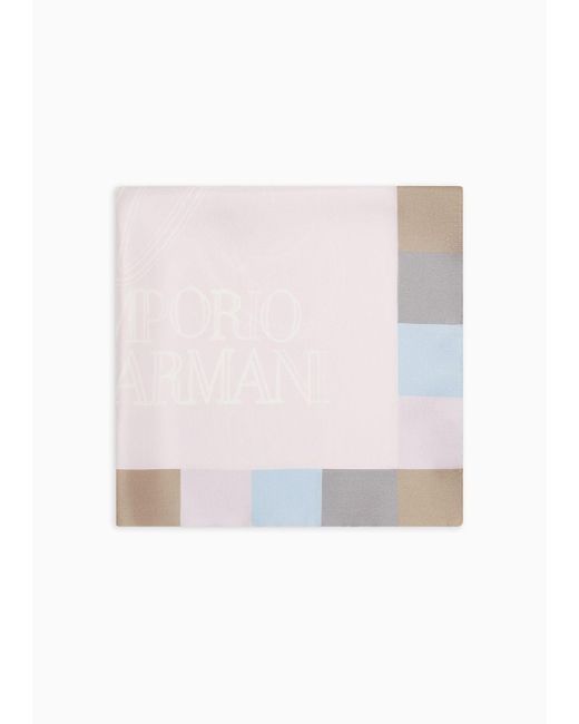 Emporio Armani White Silk Foulard With Framed Logo Print