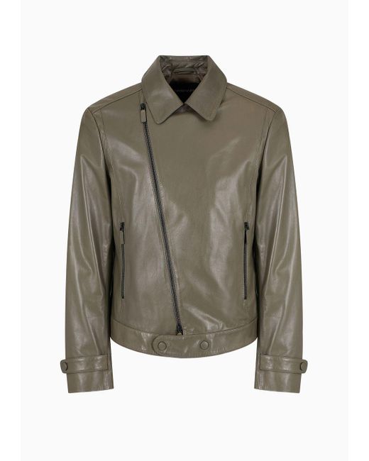 Emporio Armani Green Biker Jacket In Partially Vegetable-tanned Plonge Lamb Nappa Leather for men