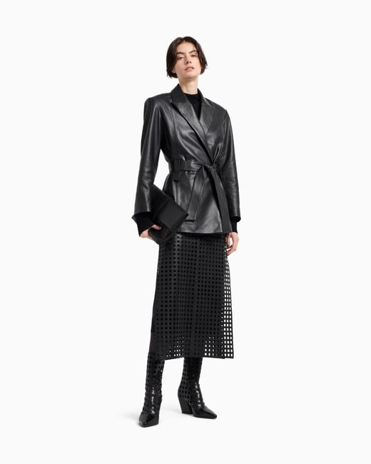Emporio Armani Black Polygon Capsule Collection Lambskin Nappa Leather Jacket With Belt
