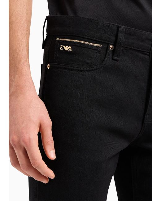 Emporio Armani Black J75 Slim-fit Stretch Denim Jeans With Gold Details for men