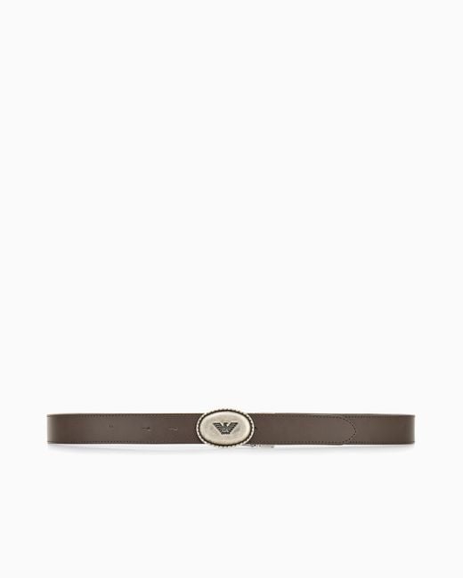 Emporio Armani White Suede And Grained Leather Belt With Oval Logo Plaque for men