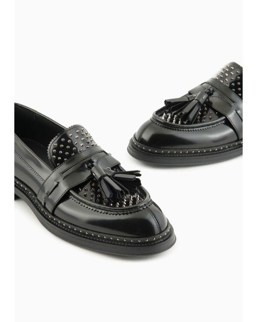 Emporio Armani Black Brushed Leather Loafers With Studs for men