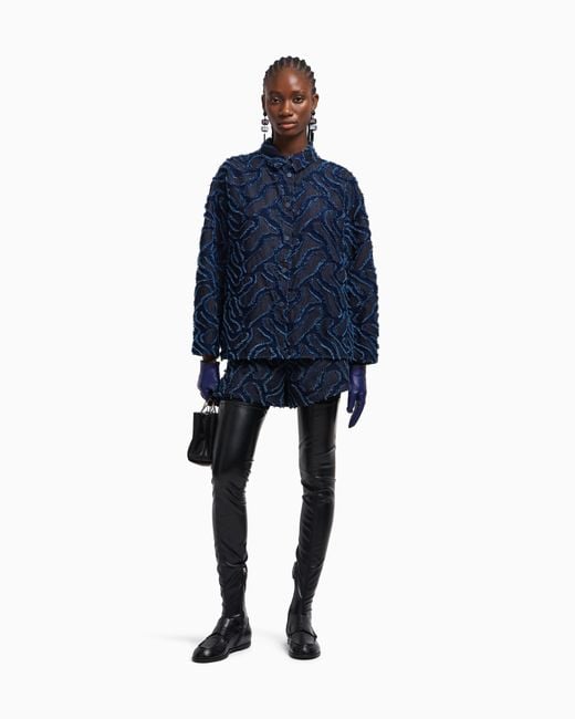 Emporio Armani Blue Fringed Embossed-Motif Jacquard Denim Shirt Jacket