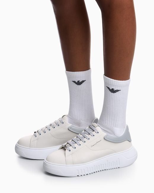 Emporio Armani White Smooth Leather Sneakers Icon With A Thick Textured Sole