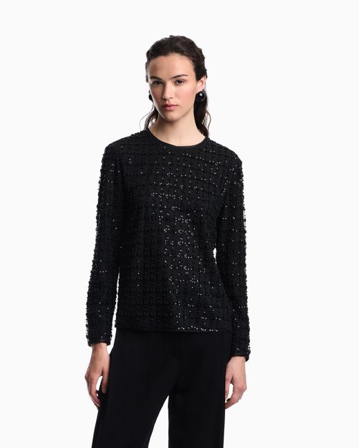 Emporio Armani Blue Tulle Top With Sequin And Bead Embroidery
