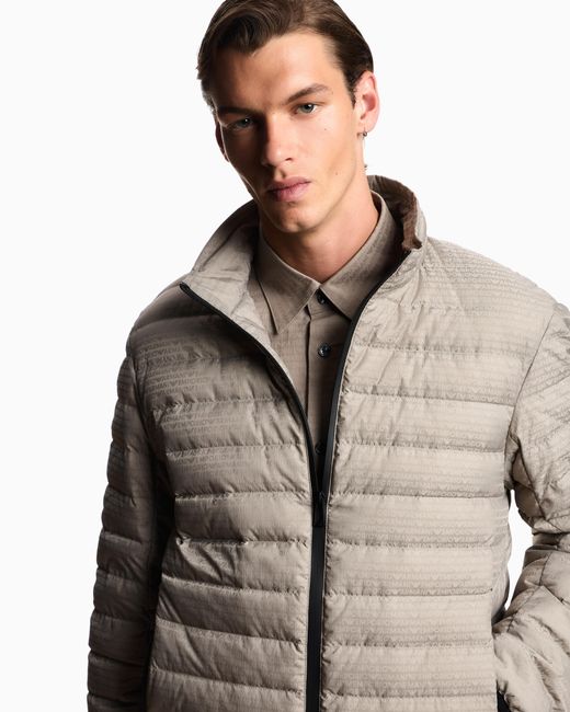 Emporio Armani Gray Quilted Down Jacket With All-Over Jacquard Logo Essential for men