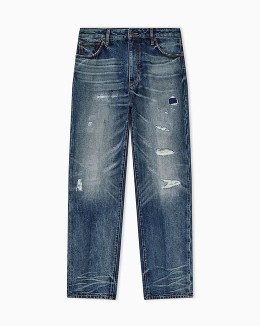 Emporio Armani Blue J22 Regular-Fit, Stone-Washed Denim Jeans With Rips for men