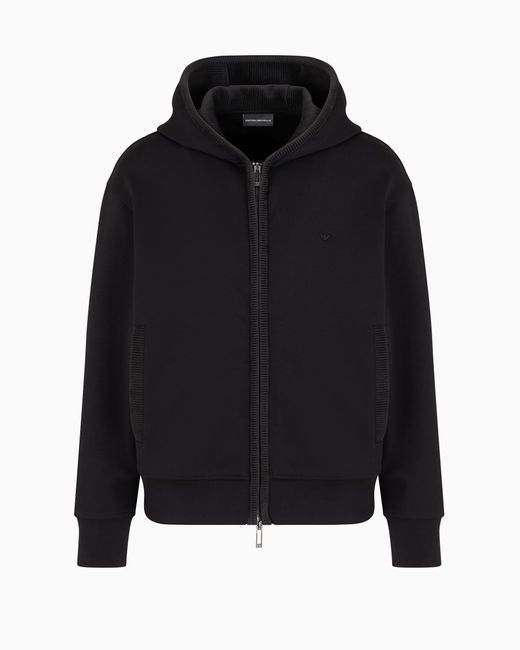 Emporio Armani Blue Double-Jersey Hooded Zip-Up Sweatshirt With Velour Details for men