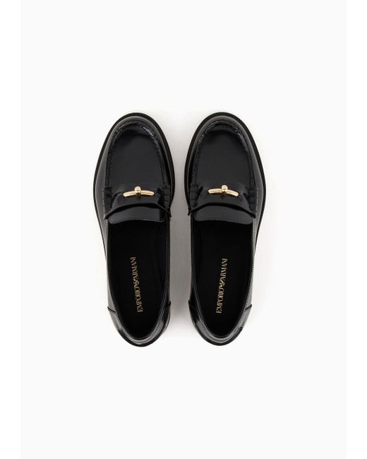 Emporio Armani Black Polished Leather Loafers With Stirrup Bar