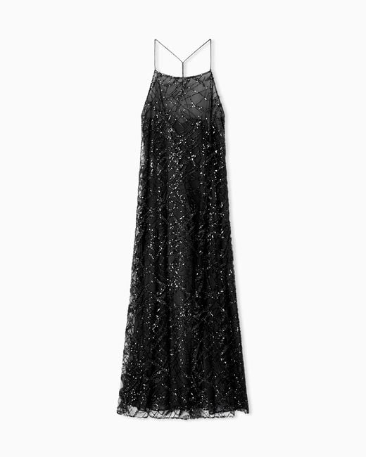 Emporio Armani Black Langes Kleid Aus Tüll Mit Durchgehender Stickerei Aus Mikropailletten Und Schmucksteinen