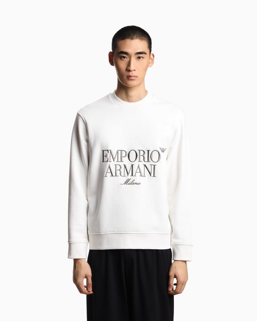 Emporio Armani White French Terry Jersey Sweatshirt With Embroidered Logo for men