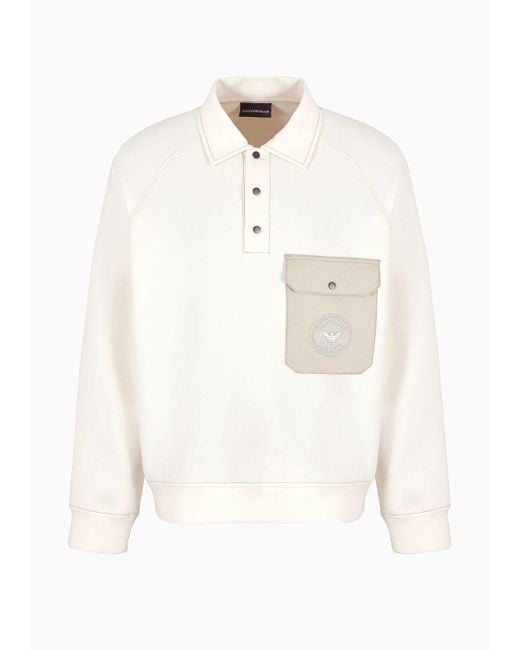 Emporio Armani White Double-jersey Sweatshirt With A Polo-shirt Collar, Pocket And Logo Embroidery for men