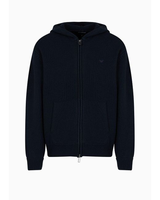 Emporio Armani Blue Hooded Cardigan With Zip Closure, Made From Plain-knit Virgin Wool for men