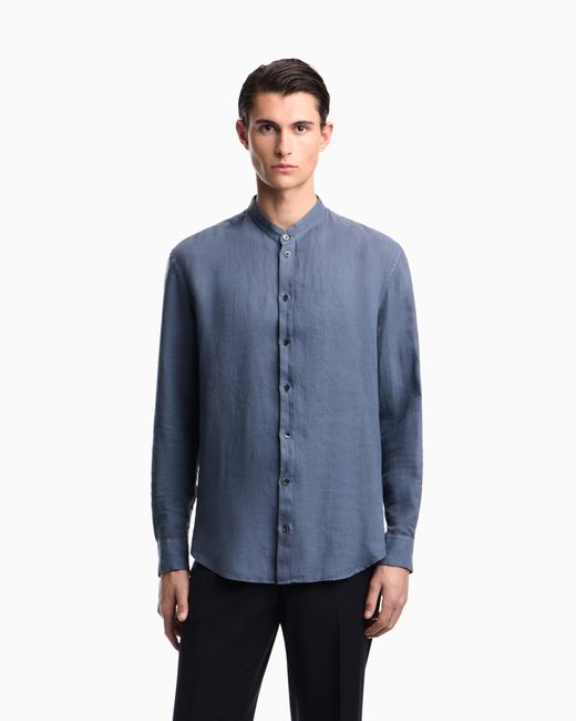 Emporio Armani Blue Garment-Dyed Linen Shirt With Guru Collar for men