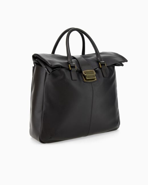 Emporio Armani Black Leather Tote Bag With Top Handles And Buckle Closure for men